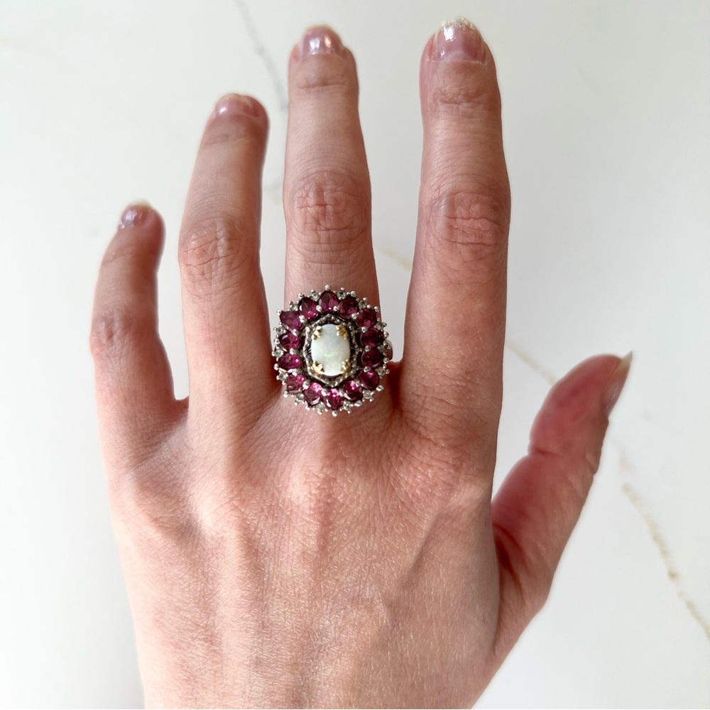 Vintage Sterling Silver Garnet + Ethiopian Opal Ring - Picture 9 of 11